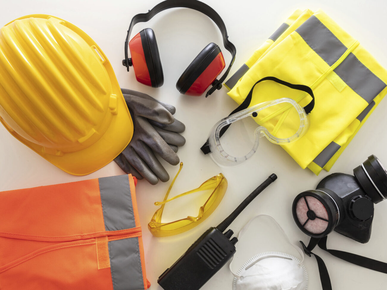 SiGeko kompakt Gesamtlehrgang bei HSE-CAMPUS in Münster - Gelber Bauarbeiterhelm, Schutzweste, zwei Schutzbrillen und diverse Schutzkleidung liegen auf weißer Tischplatte